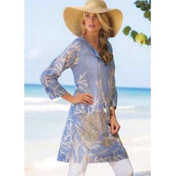 Soft Surroundings Tunic Top Shell Seeker Embroidered Coral Reef Beach Travel Cov - Picture 1 of 11